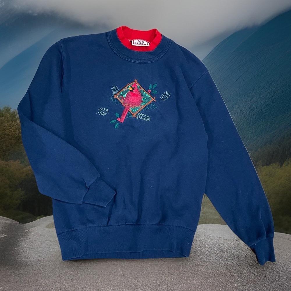 Grandmacore Top Stitch Wm's Blue Fleece Crewneck Embroidered Bird S Made USA